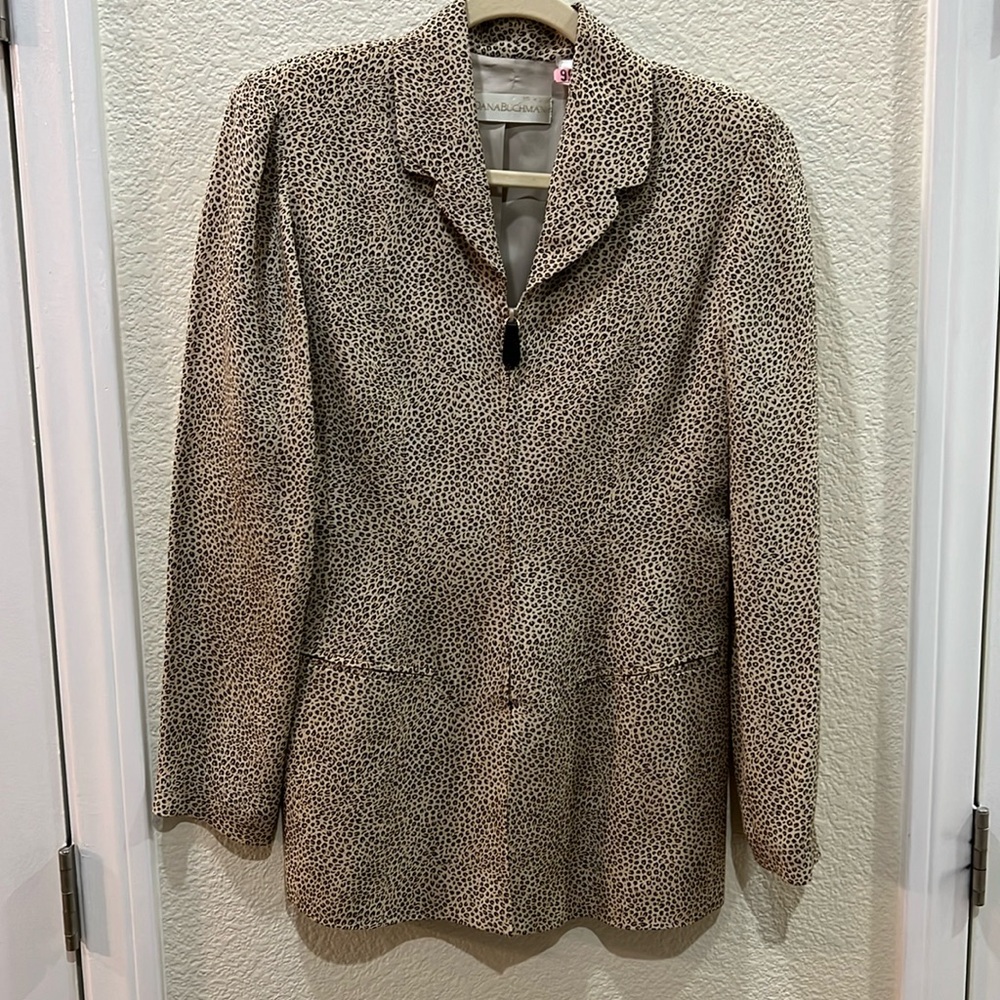 Dana Buchman 100% Silk Brown/Tan Leopard V-Neck Fully Lined Jacket w/ Zip Front
